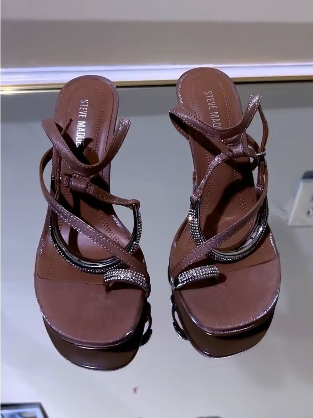 Steve Madden Brown Rhinestone Ring-Strap Heeled Sandals